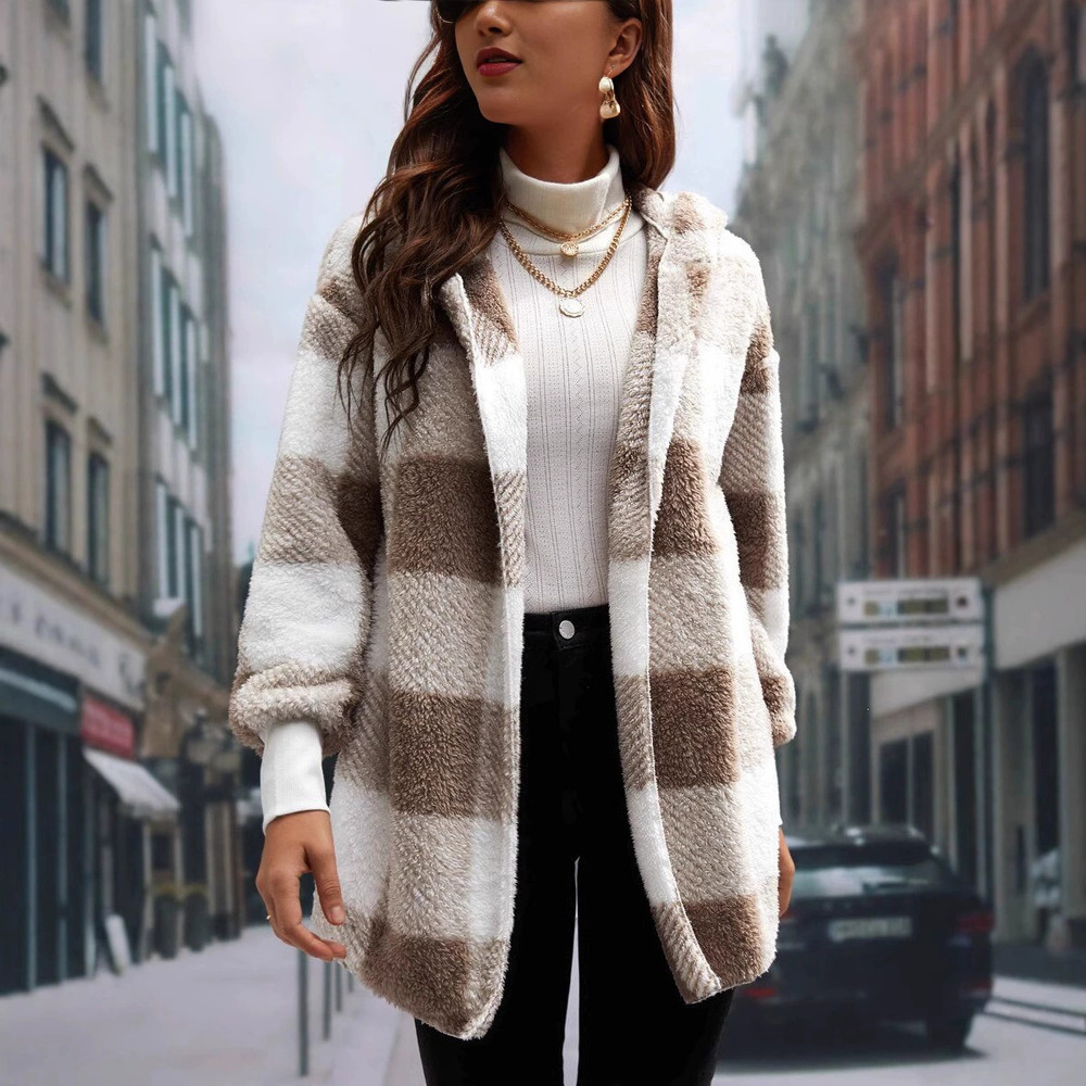ZARA Women Oversized Plaid Hooded Reversible Fleece Cardigan Fall Coat